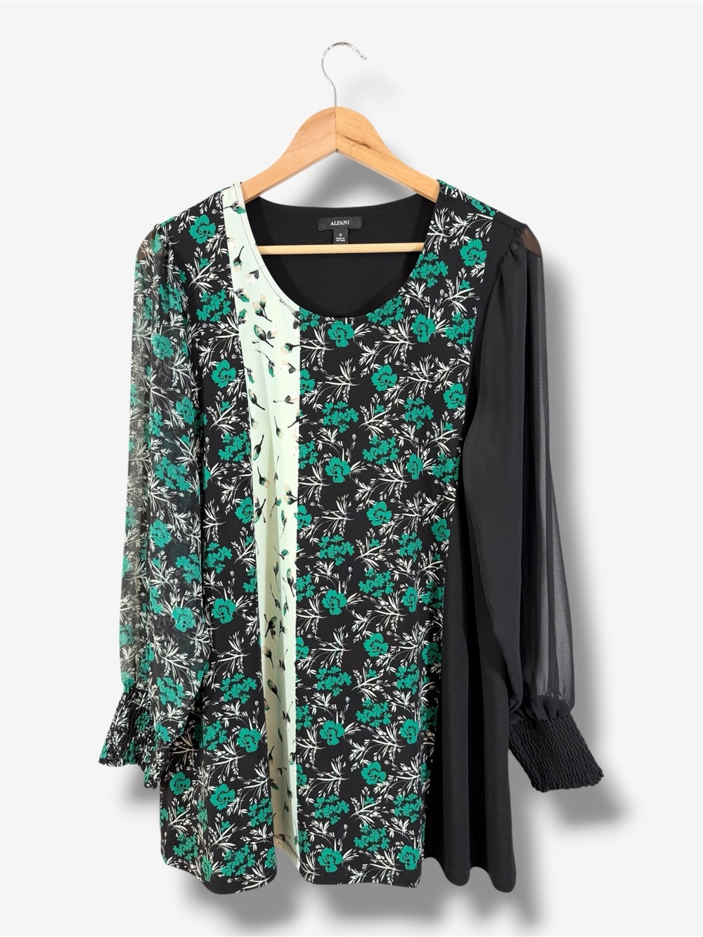 Alfani Black Green Sheer Sleeve Blouse Size 1X Floral Patchwork Print Casual